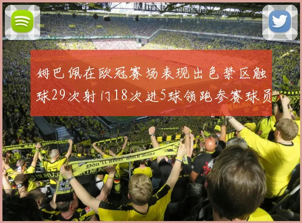 姆巴佩在欧冠赛场表现出色禁区触球29次射门18次进5球领跑参赛球员